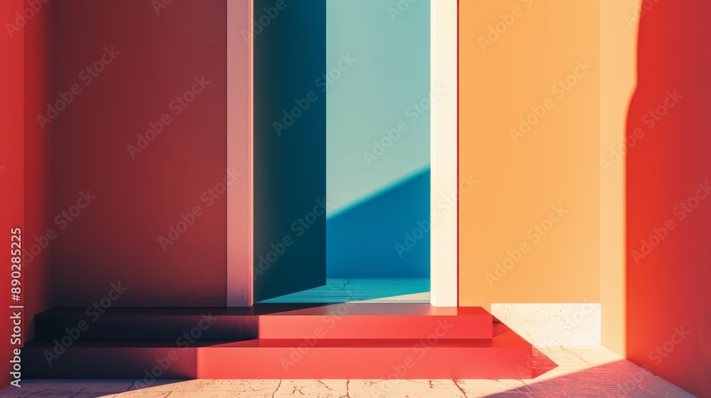 Poster colorful minimalist architecture with steps. abstract architecture with steps and vibrant colored wa