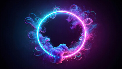 Photorealistic Neon Circle with Blue and Purple Smoke Effect, Vibrant Glow, Abstract Lighting, and Colorful Illumination