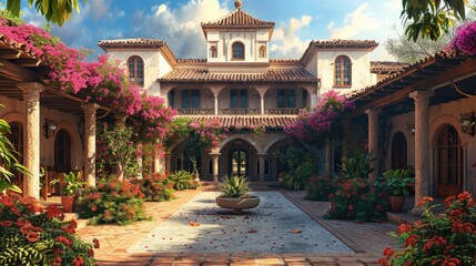 Obraz premium A grand, Spanish hacienda with a central courtyard, terracotta roof tiles, and vibrant bougainvillea.