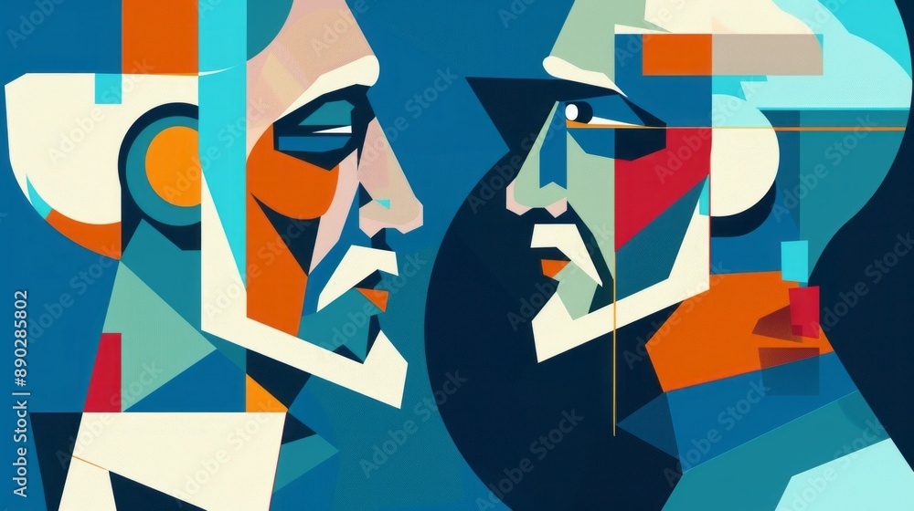 Poster Abstract portrait of two men in geometric shapes. Bold and colorful geometric shapes are used to create a modern abstract portrait of two men facing each other.