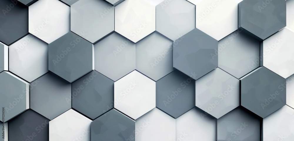 Wall mural a modern geometric design with overlapping hexagons in various shades of grey and white, creating a 