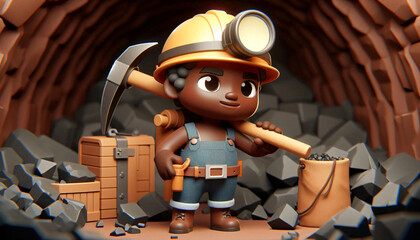 3D Render of Cartoon-Style Miner Model in Mine