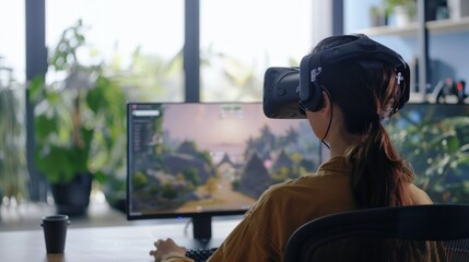 Amazed young woman is wearing VR set, having interesting experience. Horizontal studio shot