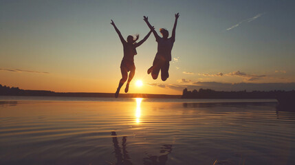 Silhouettes of Friends on the Beach at Sunset