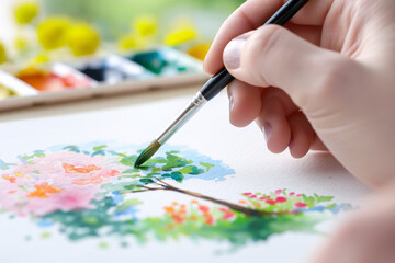 Close up Hand painting a vibrant tree with watercolors