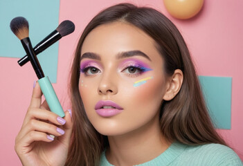  A social media user sharing everyday makeup tips with a colorful pastel background 