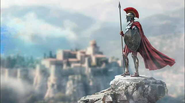 Spartan warrior facing a explosion fire energy on castle background. Seamless loop video background