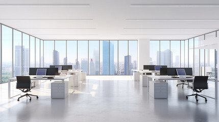 modern office interiors featuring open floor plans, large windows with city views, sleek desks, and ergonomic chairs. The spaces are bright, spacious, and designed to promote productivity and collabor