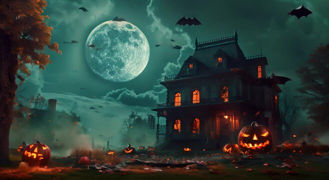 Halloween haunted house with bats, and pumpkins under scary full moon cinematic loop video animation background