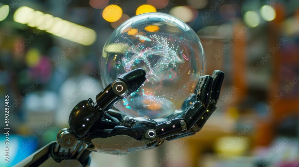 Aufkleber robotic hand holding crystal sphere. a robotic hand delicately holds a crystal sphere filled with co