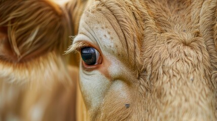 Close up cow eye and fur. A close-up photo of a cow's eye and fur, capturing the texture and detail of the animal's skin.