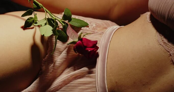Close up of a beautiful red rose gently caressing the panties of an attractive woman dressed in sexy lingerie
