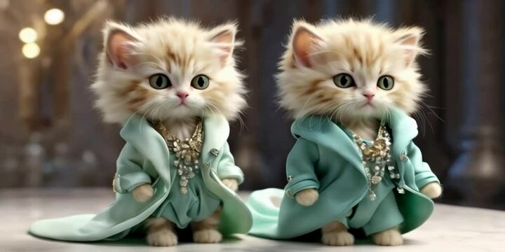 In the video, two adorable cute cats, dressed in green outfits, stand side by side on the catwalk, their eyes moving and blinking in sync.