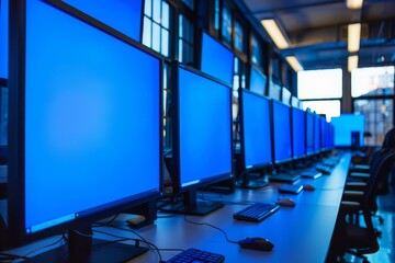 Row of monitors showing blue screen error in a modern IT office, symbolizing widespread system failure