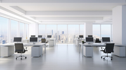 A series of modern office interiors featuring open floor plans, large windows with city views, sleek desks, and ergonomic chairs. The spaces are bright, spacious, and designed to promote productivity 