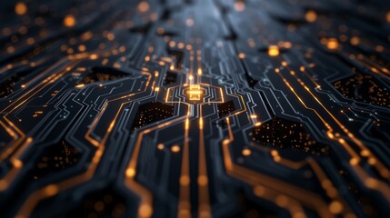 Abstract digital circuit board design. Futuristic circuit board with glowing orange lines and intricate details, perfect for technology, innovation, or digital themes.