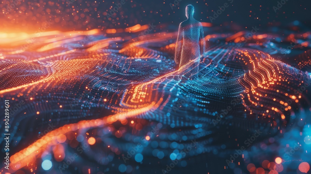 Aufkleber digital figure walking on data waves. abstract digital art featuring a glowing figure walking on a w