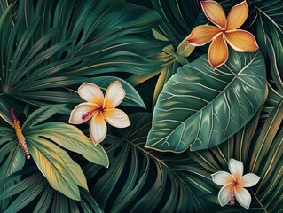 A detailed botanical illustration of tropical leaves and flowers, bringing a touch of nature indoors.