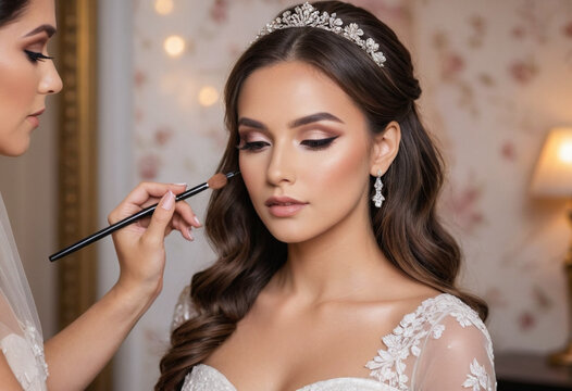  A professional makeup artist doing a bridal makeup tutorial with an elegant, romantic backdrop 