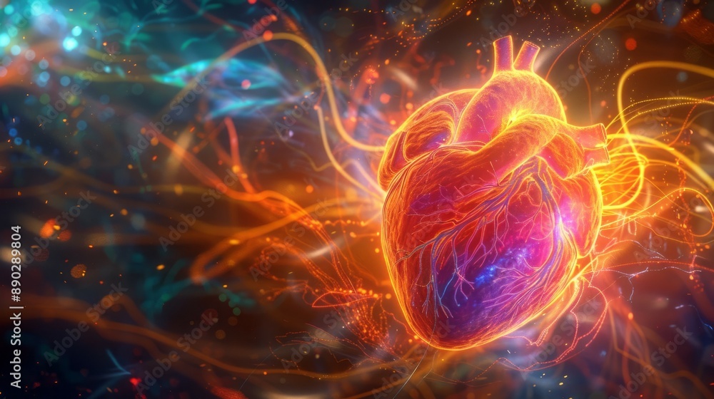 Poster glowing heart with abstract lines. vibrant illustration of a heart with glowing lines and abstract p