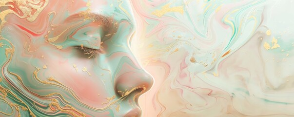 Enchanting Abstract Female Portrait with Iridescent Marble Textures and Gold Accents . Pastel Hues and Fluid Lines Create an Ethereal Digital Masterpiece .