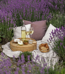 Glass of white wine in a lavender field. Violet flowers on the background.