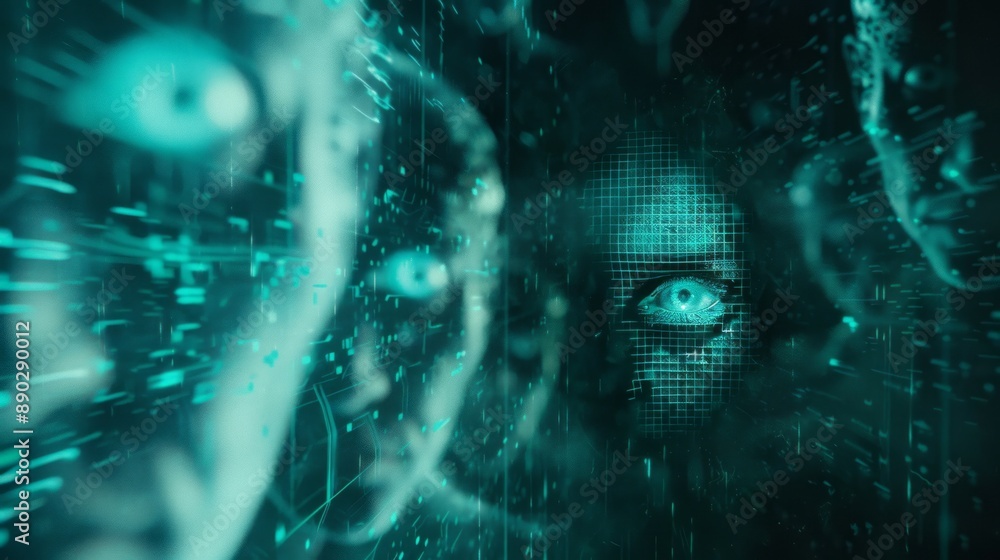 Poster digital eye gaze in a matrix of data. a close-up of a single eye gazing out from a digital, pixelate