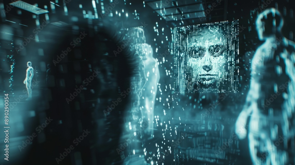Aufkleber digital human in cyberspace. a futuristic image of a digital human face composed of code and surroun