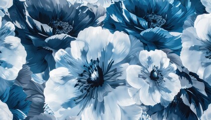 A contemporary floral pattern featuring large, bold flowers in shades of blue and white, ideal for a chic and stylish living space.
