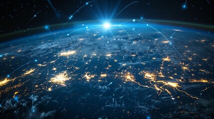 View of Earth from space with digital lines representing global network and connections, highlighting internet infrastructure