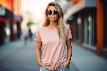 A woman wearing a pink shirt and sunglasses stands on a sidewalk