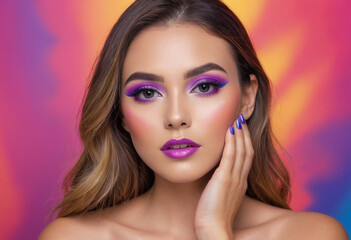 Fototapeta premium Beauty blogger with vibrant digital background demonstrating makeup techniques. 