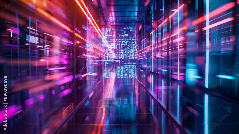 Aufkleber modern data center with vibrant lights. a futuristic data center with colorful lines of light that i