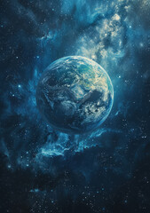 Naklejka premium The Earth in silhouette against a backdrop of the Milky Way galaxy, emphasizing the vastness of space.