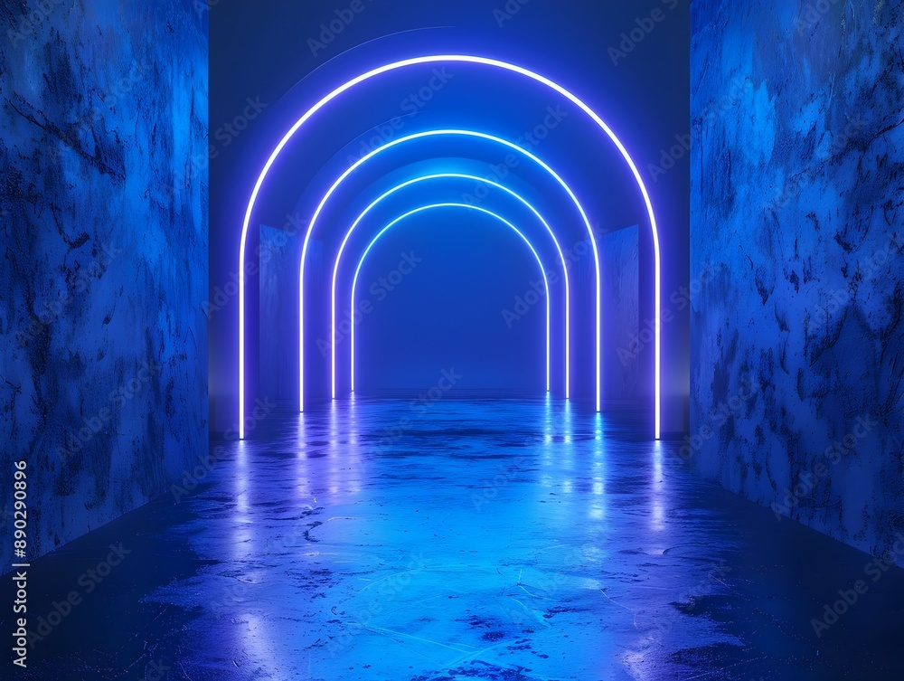 Poster ethereal blue neon tunnel with reflecting floor ideal for tech product display concepts