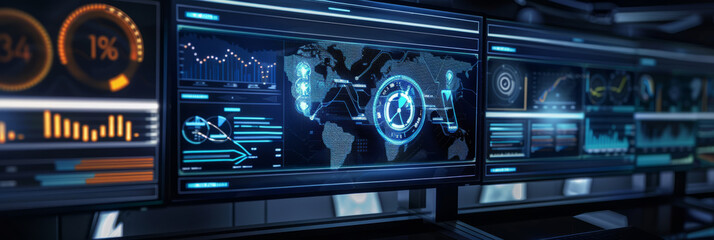 A futuristic computer monitor displaying an abstract network monitoring dashboard with swirling patterns and real-time data analytics.