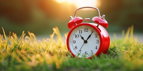 Spring forward. Time change in spring, Spring awakening - close up of red alarm clock bell alarm clock in the grass meadow, illuminated by the morning sun