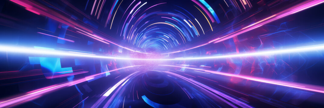 A futuristic, abstract design background with swirling neon lights and geometric shapes.