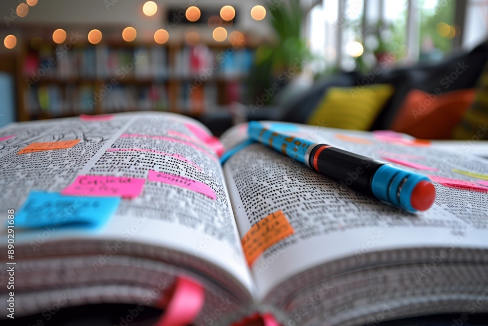 Poster open book with colorful pen and sticky notes in a library setting