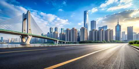 Illuminated highway bridge traverses the city at dusk, skyscrapers casting long shadows