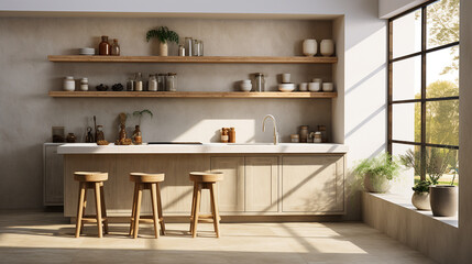 A collection of modern kitchen interiors featuring open shelving, minimalist design, and natural wood accents. The kitchens are decorated with plants, pottery, and contemporary lighting, creating warm