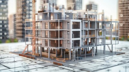 Generate a photo realistic image of a construction project with an expense report showing detailed financial breakdowns and budget allocations; ensure the image is of high resolution 