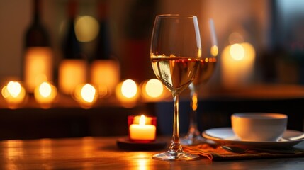 A table with two wine glasses and a candle