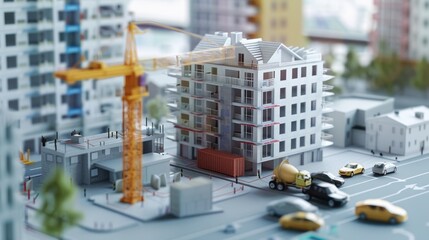 Generate a photo realistic image of a construction project displaying a detailed cost analysis with financial charts and budget reports; ensure the image is of high resolution for clear