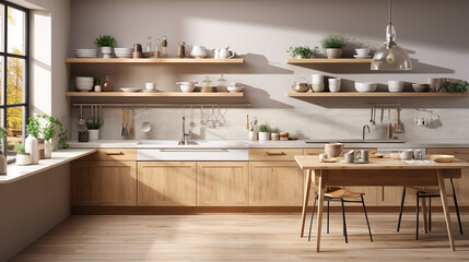 A collection of modern kitchen interiors featuring open shelving, minimalist design, and natural wood accents. The kitchens are decorated with plants, pottery, and contemporary lighting, creating warm