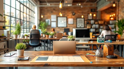 A laptop in a work desk in the foreground with a planning organizer next to it. Well lit Co-working space with big windows. Men at work in the background. Copy space