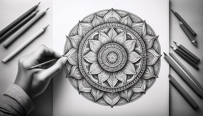 Detailed pencil sketch of an intricate mandala design.