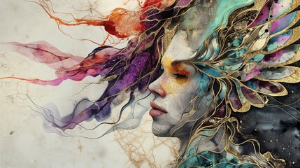 Ethereal Winged Woman: A harmonious blend of gold and marble, swathed in a dreamy alcohol ink background, capturing fantasy and elegance .