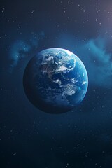 Fototapeta premium minimalistic logo saying , blue background, earth in background, Hyper-realistic photography, realistic light and shadow, luminous effects, 3D, ue5, Unreal Engine, generative ai