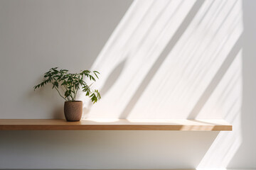 Minimalistic Home Decor with Potted Plant on Wooden Shelf against White Wall, Interior Design Concept